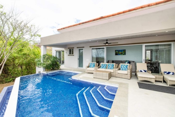 a pool next to a building