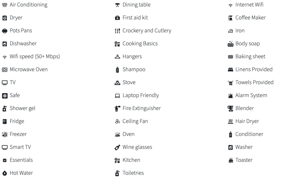 List of amenities with icons, including air conditioning, dishwasher, coffee maker, and wifi.