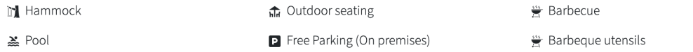 Icons for hammock, pool, outdoor seating, free parking, barbecue, and barbecue utensils.