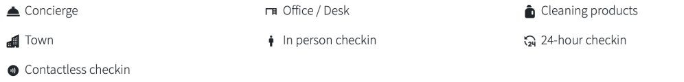 Icons with text: Concierge, Town, Contactless checkin, Office/Desk, In person checkin, Cleaning products, 24-hour checkin