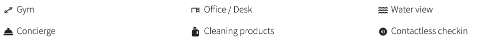 Icons labeled Gym, Office/Desk, Water view, Concierge, Cleaning products, Contactless checkin.