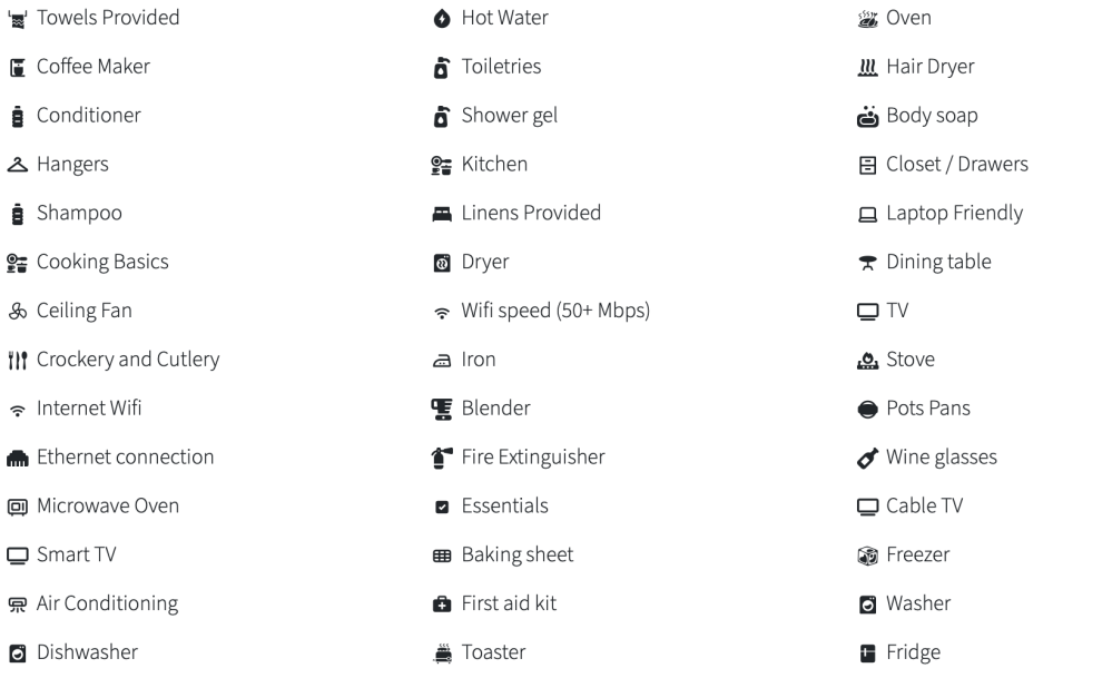 Icons and labels of household amenities such as WiFi, TV, kitchen supplies, and toiletries in three columns.