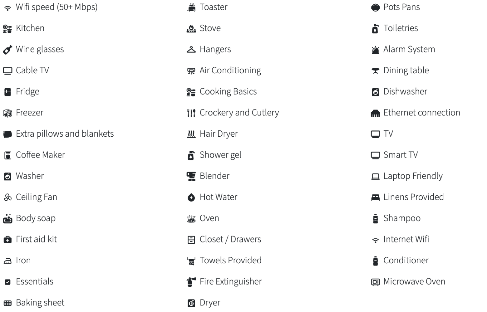 List of amenities with icons, including WiFi, kitchen, and toiletries.