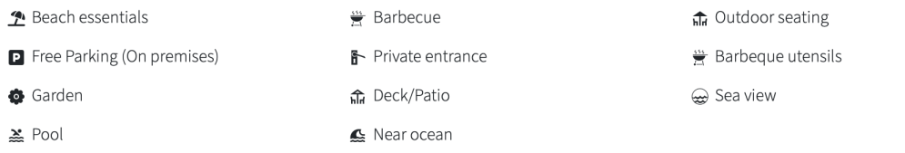 Icons and text listing amenities: beach essentials, parking, garden, pool, BBQ, patio, ocean view, and more.