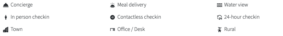 Icons and text describe amenities: concierge, meal delivery, water view, and check-in options, town or rural.