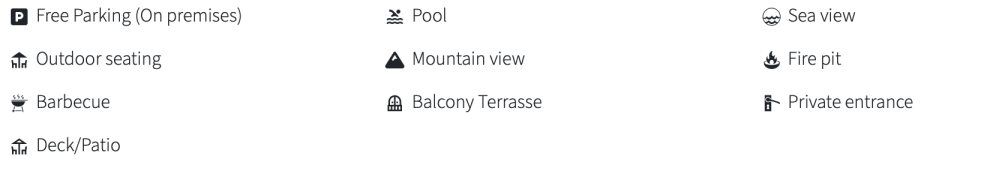 List of amenities: parking, pool, sea view, seating, mountain view, fire pit, BBQ, balcony, private entrance.