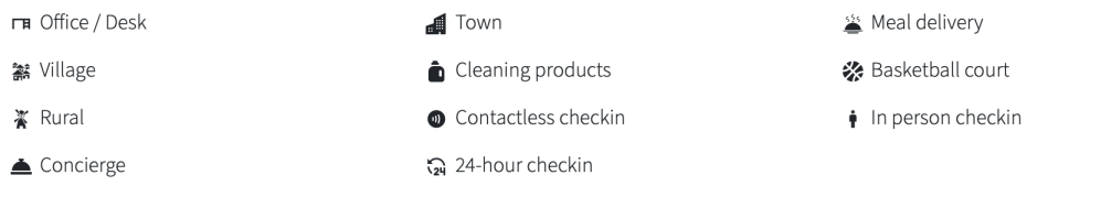 Icons with terms: Office, Town, Meal delivery, Village, Cleaning products, Basketball court, Rural, Contactless checkin, Concierge, 24-hour checkin, In person checkin.