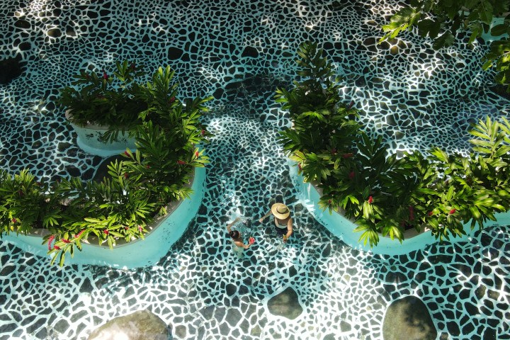 Aerial view of a pool with patterned tiles and greenery islands, person swimming with a hat.