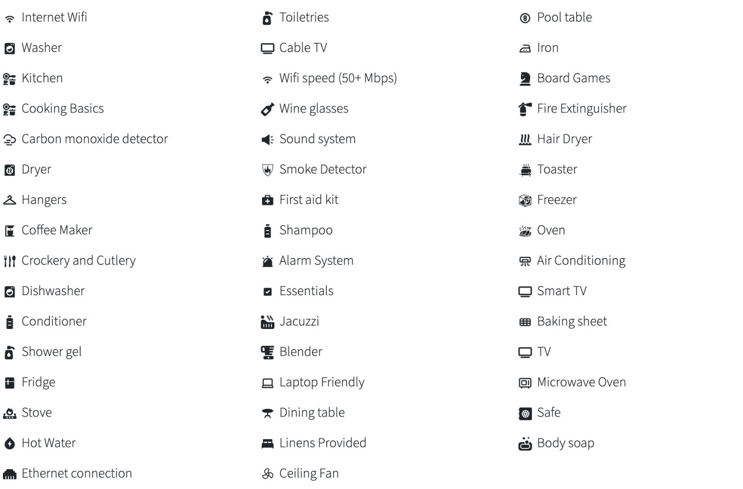 Symbols and text listing amenities like Wifi, kitchen, toiletries, pool table, Jacuzzi, and air conditioning.
