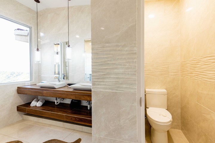 Modern bathroom with dual sinks, wooden vanity, and separate toilet area.