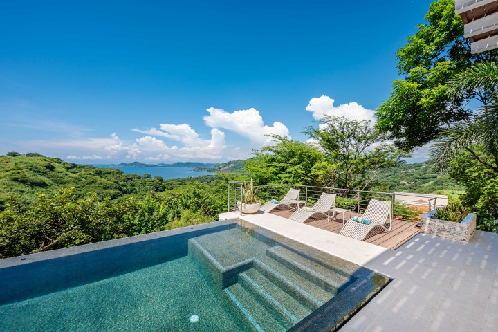 Infinity pool with ocean view, surrounded by greenery and lounge chairs under a clear blue sky.