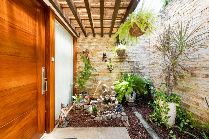Small courtyard with potted plants, bricks, hanging ferns, and a wooden door.