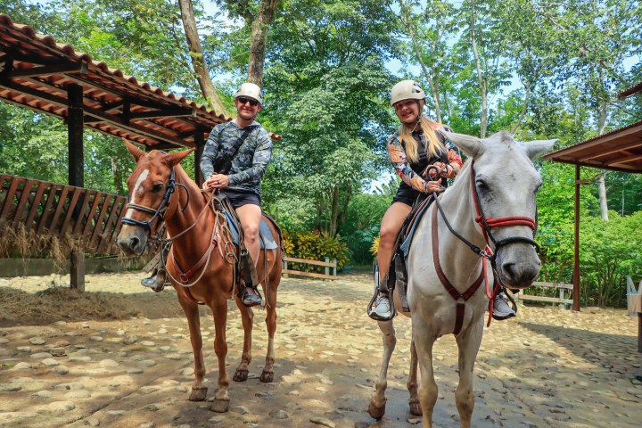 Two people wearing helmets riding horses on a sunny day in a wooded area.
