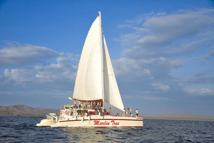A catamaran sailboat with people onboard glides on calm waters under a blue sky.