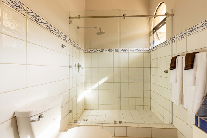 Bathroom with a tiled shower, glass door, towels, and a toilet.