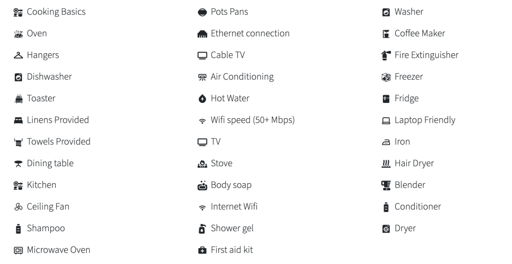 Icons and text listing amenities like cooking basics, WiFi, TV, washer, dishwasher, and air conditioning.