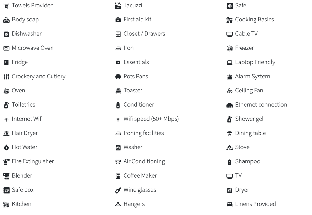 Icons and text listing home amenities like kitchen appliances, internet, and toiletries.
