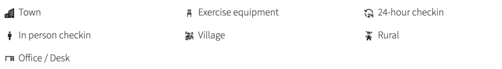 Icons with text: Town, Exercise equipment, 24-hour checkin, in-person checkin, Village, Rural, Office/Desk.
