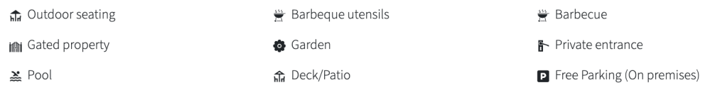 Icons showing amenities: outdoor seating, barbecue, gated property, garden, pool, deck/patio, private entrance, free parking.