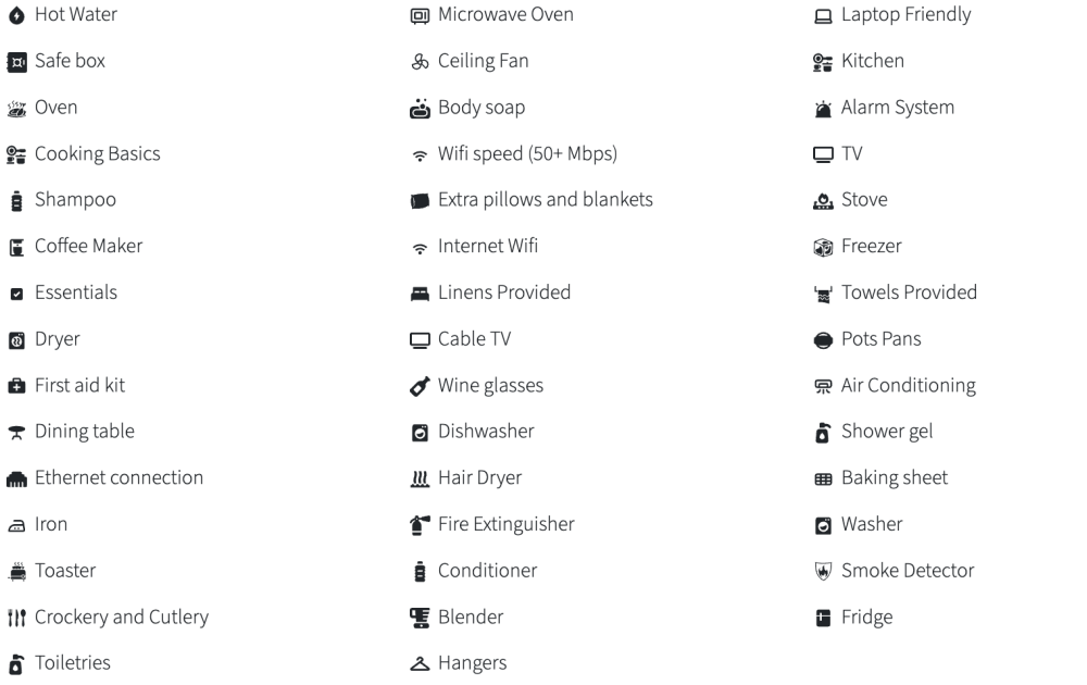 A list of amenities with icons including WiFi, TV, stove, dryer, and fridge.