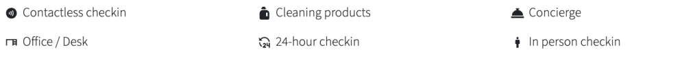 Icons for check-in options, cleaning, office, concierge, and 24-hour service.