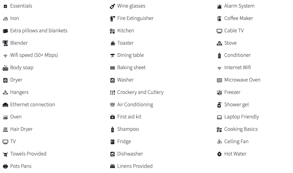List of amenities: essentials, kitchen, TV, WiFi, towels, oven, washer, fridge, coffee maker, freezer.