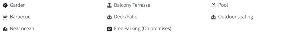 Icons and labels for amenities like garden, pool, barbecue, and free parking.