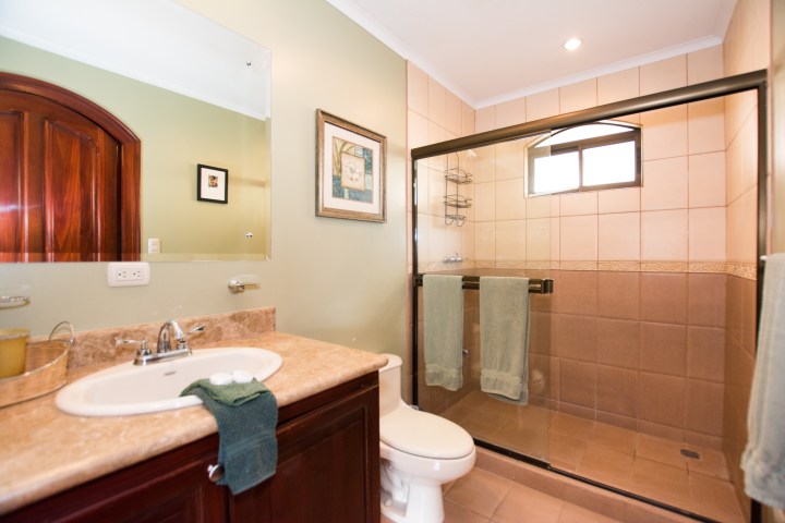 Bathroom with sink, mirror, framed art, and glass-enclosed shower.