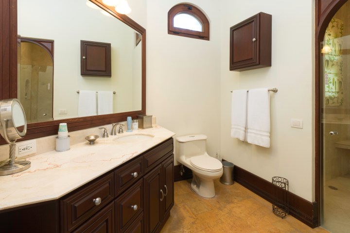 Bathroom with wooden cabinets, mirror, sink, toilet, and shower area with glass door.