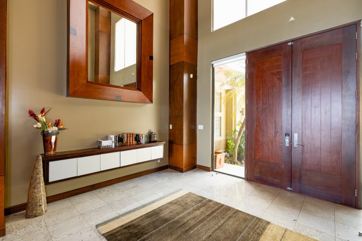 Modern entrance with large wooden doors, mirror, console, and decorative vases.