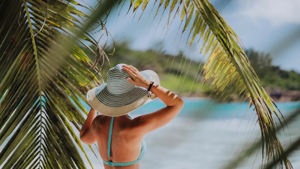 a person standing next to a palm tree