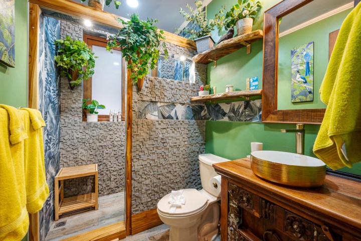 Bathroom with green walls, wooden shelves, plants, stone tiles, and a decorative mirror.