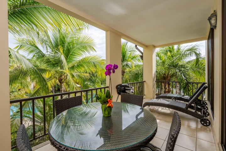 Tropical balcony with glass table, chairs, lounge chairs, and palm tree view.