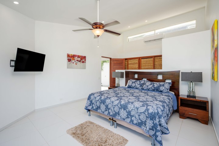 Modern bedroom with a blue floral bedspread, ceiling fan, TV, artwork, and wooden furniture.