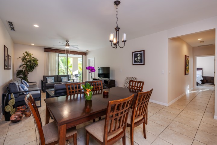 Modern living room with dining table, sofas, TV, chandelier, and potted plants.
