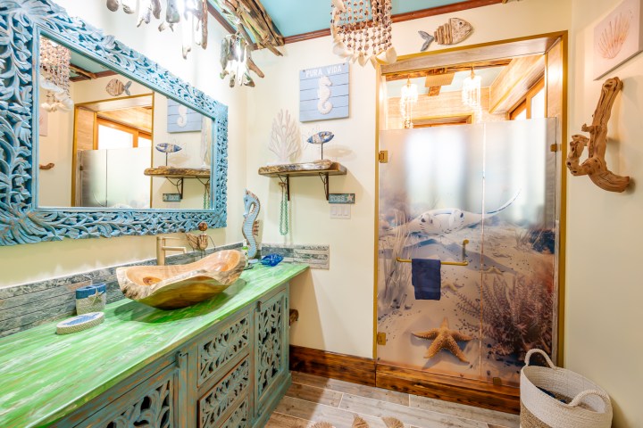 Coastal-themed bathroom with green vanity, carved mirror, and frosted door depicting an underwater scene.
