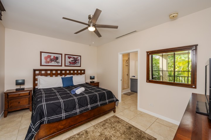 Bedroom with a double bed, ceiling fan, artwork, and a window showing greenery.