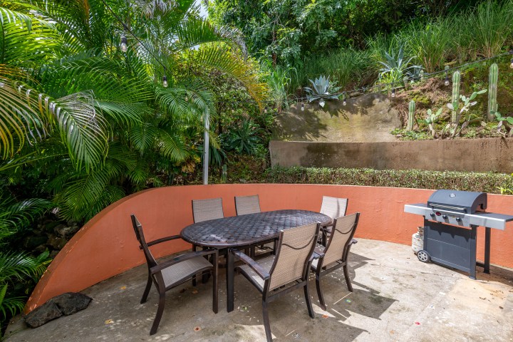Outdoor patio with table, chairs, grill, plants, and string lights.
