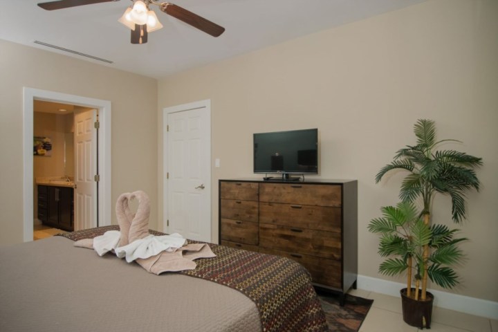 Bedroom with TV, dresser, swan towel on bed, and potted plant.