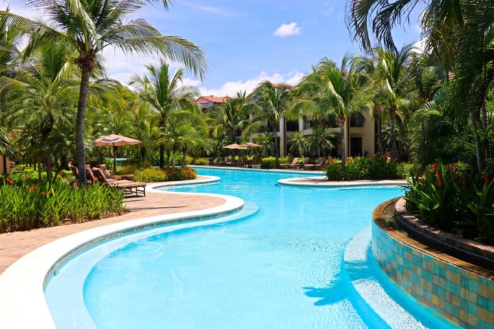 Tropical resort pool with palm trees and sun loungers under blue sky.