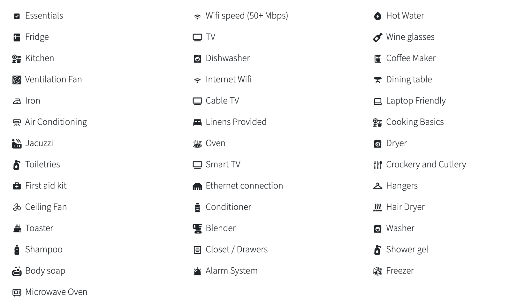 Icons and text listing home amenities like WiFi, TV, kitchen, and washer.