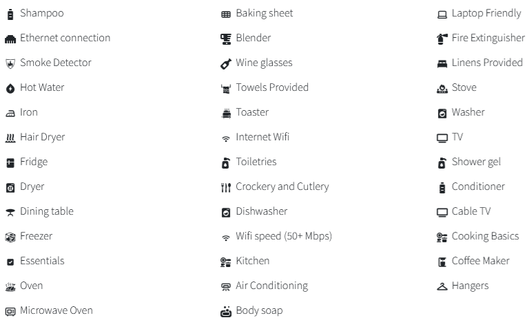 A list of household amenities and appliances with icons.