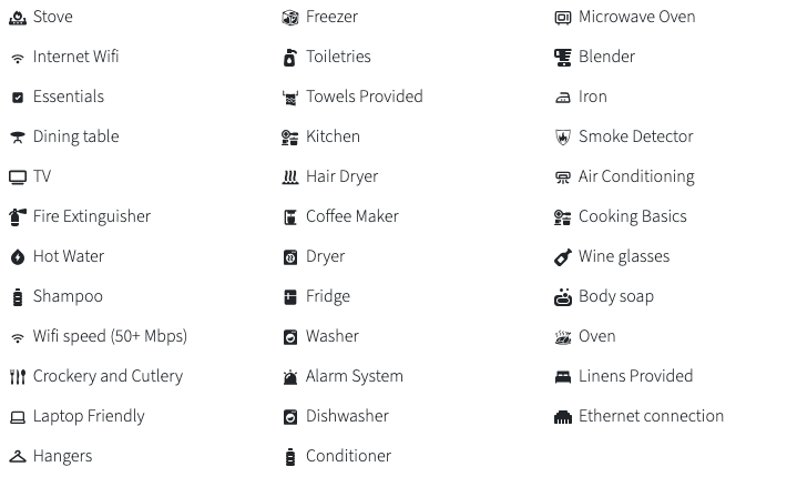 Three columns of icons and text for various household amenities and features.