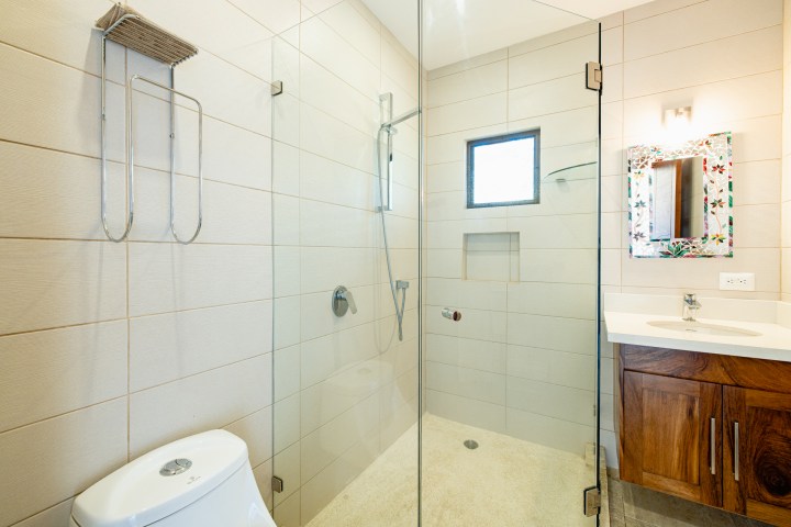 Modern bathroom with glass shower, wood vanity, and decorative mirror.