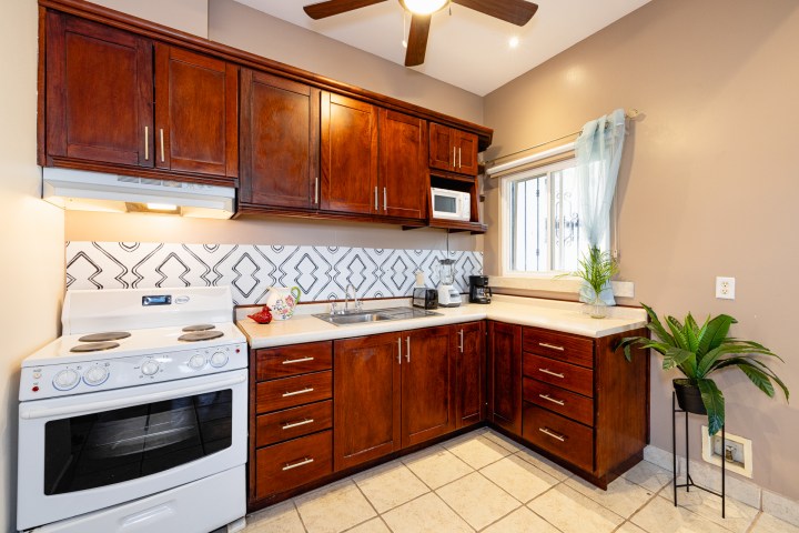 Cozy kitchen with wooden cabinets, stove, microwave, and potted plant by a window.