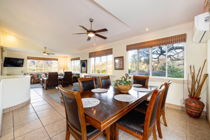 Open-plan living room and dining area with large windows, brown furniture, ceiling fans, and decorative plants.