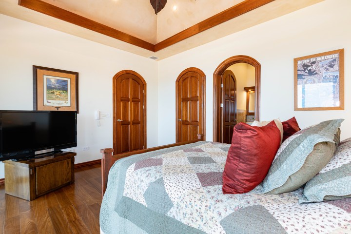 Bedroom with quilted bedspread, TV, wooden doors, framed art, and hardwood floors.