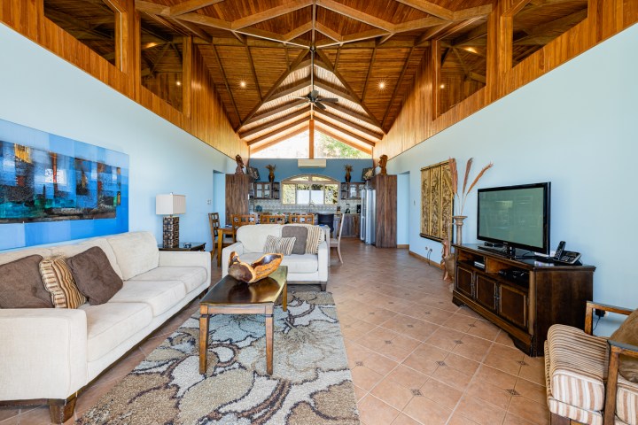 Spacious living room with high wooden ceiling, cozy sofas, TV, and decorative elements.