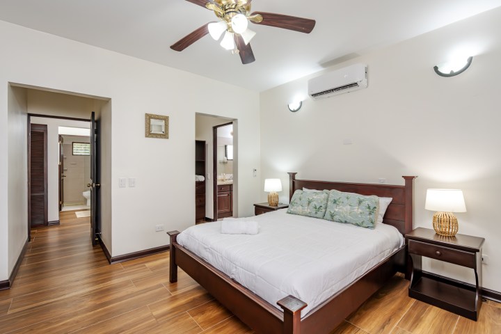 Bedroom with a wooden bed, side tables, ceiling fan, and doorway to bathroom.