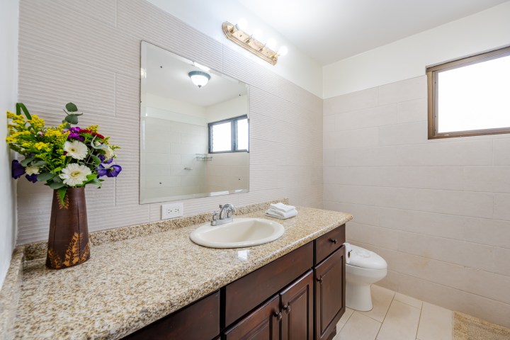Bathroom with granite countertop, sink, large mirror, flowers, and a toilet under a window.